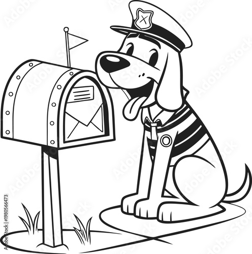 Cartoon dog mailman character sitting by a mailbox, friendly puppy mail carrier in uniform, black and white coloring book vector illustration