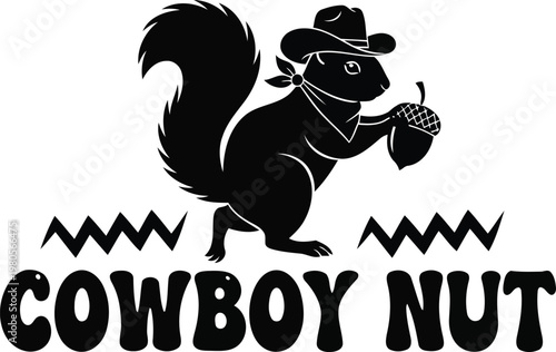 Black silhouette of a cowboy squirrel holding an acorn with text