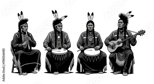 Illustration of a Native American musical group playing instruments.