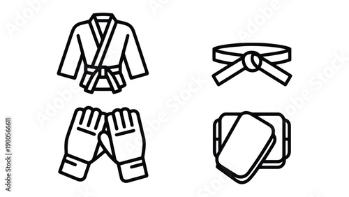 Martial Art Equipment Icon Set: A collection of essential martial art equipment icons, including a karate uniform, belt, gloves, and pads.