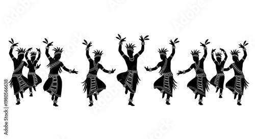 Silhouette illustration of traditional dancers performing a rhythmic cultural folk dance.