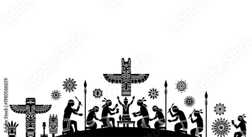 Silhouette illustration of Native American tribe performing traditional ritual with totem poles.