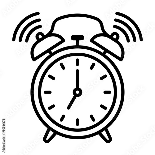 Simple Line Art Design of Alarm Clock with Sound Waves Indicating Time Management and Alert Notifications