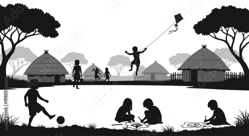 Silhouette illustration of children playing in a rural village setting.