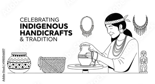 Indigenous artisan crafting traditional pottery and jewelry illustration.