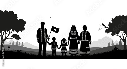 Silhouette of an Indigenous Taiwanese Family in Traditional Clothing.