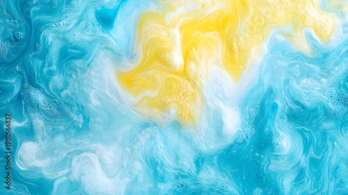Swirling textures of vibrant blue and yellow colors create a liquid abstract pattern.