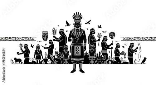 Black and white illustration of indigenous tribal people.