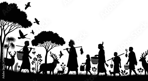 Silhouette of indigenous people traveling with animals and birds.