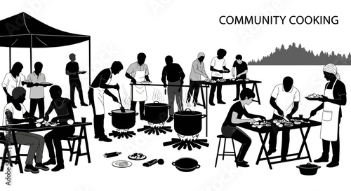 Silhouettes of volunteers preparing food together in a community kitchen.