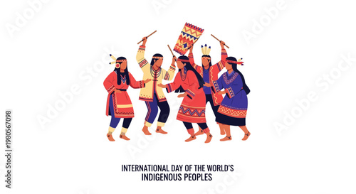 Group of indigenous people dancing in traditional clothing for celebration.