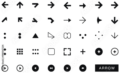 Assortment of black arrow icons and symbols for navigation and direction, vector graphic
