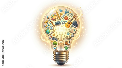 A light bulb displays bright symbols of art, music, sports, and nature, representing creativity