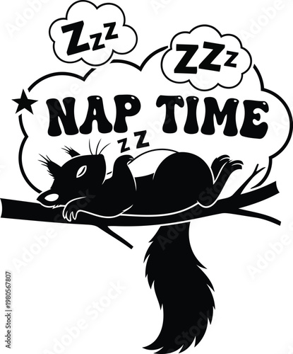 Black silhouette of a sleeping squirrel on a branch with nap time text