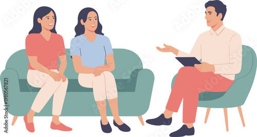Psychologist consultation illustration, therapist talking with clients on sofa for mental health support