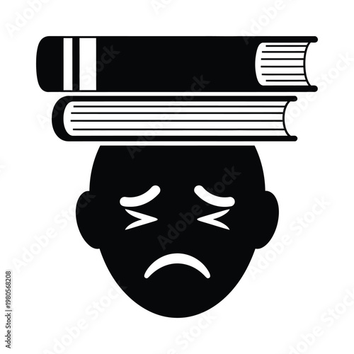 Vector of a frowning face balancing two books on its head