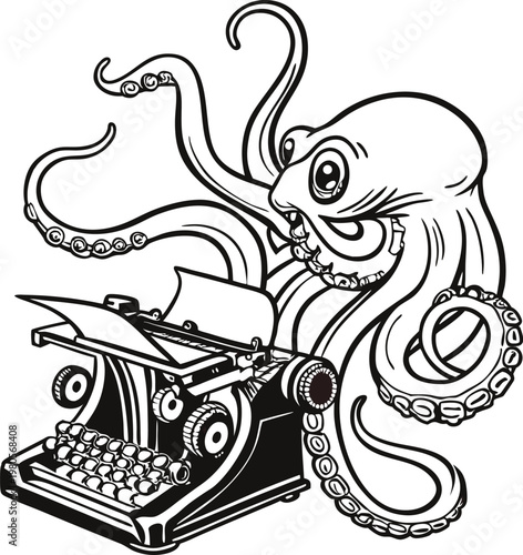 Vintage octopus writer vector illustration, giant kraken using retro typewriter, black and white sea monster mascot for publishing and storytelling