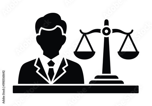 Vector of a lawyer in a suit standing beside balanced scales of justice