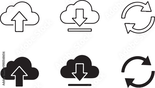 Black and white cloud with up down arrows and circular refresh arrows