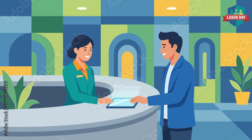 Labor Day celebration illustration of office receptionist and visitor