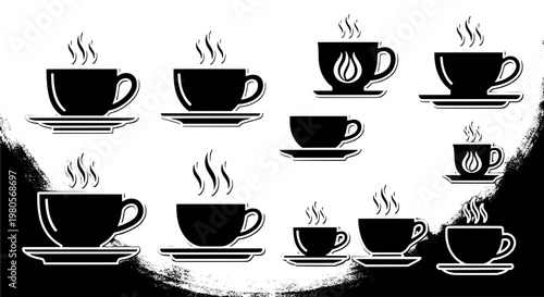 Cup coffee icon set with steam swirls and distressed texture for cafe branding and drink menu design
