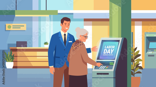 Bank Clerk Assisting Senior Woman at ATM on Labor Day