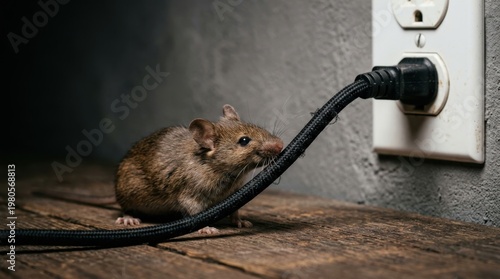 A Curious Brown Mouse Gnawing on an Electrical Cable, Causing Potential Danger