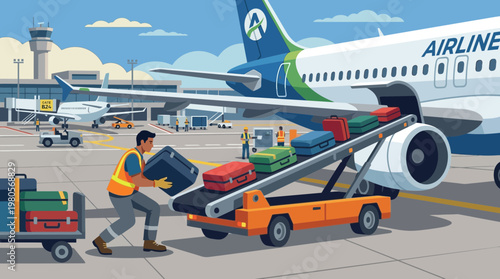 Airport Ground Crew Loading Luggage onto Airplane Illustration