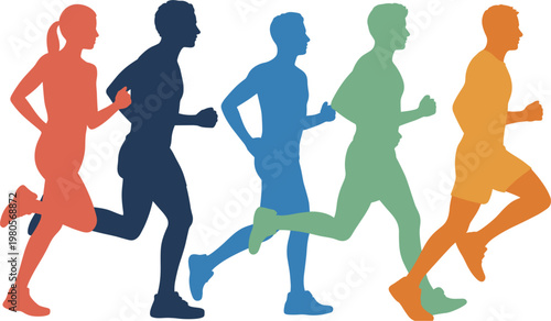 Running people silhouette illustration, colorful jogger group set for fitness and healthy lifestyle design
