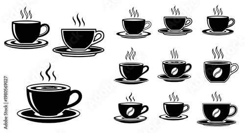 Coffee cup icon set with steam swirls and saucer silhouettes, minimalist monochrome design for cafe and menu graphics