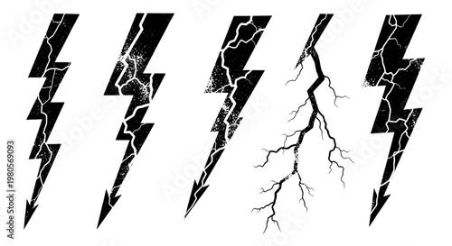 Lightning bolts set with cracked and grungy textures in black featuring texture, effects, collection with icons and symbols elements for electricity,