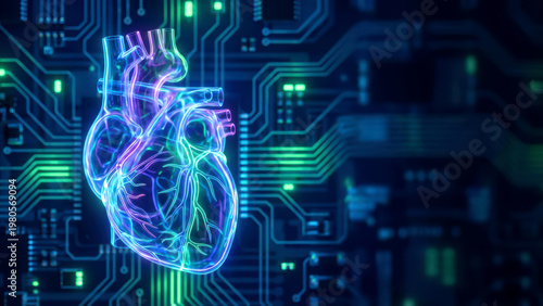 Futuristic Heart Circuit Board Health Tech Integration and Medical Innovation Concept