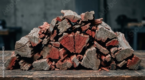 Pile of Chipped and Splintered Redwood Firewood Pieces Showing Rough Texture