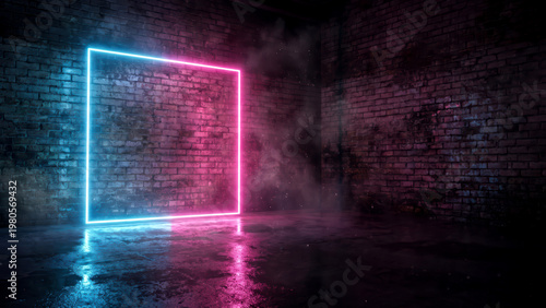 Dark Brick Room with Glowing Neon Square Frame and Reflective Floor, Futuristic, Edgy