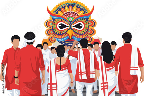 A vibrant illustration depicting a group of people in traditional red and white attire participating in a cultural or religious procession with a large, colorful owl deity.