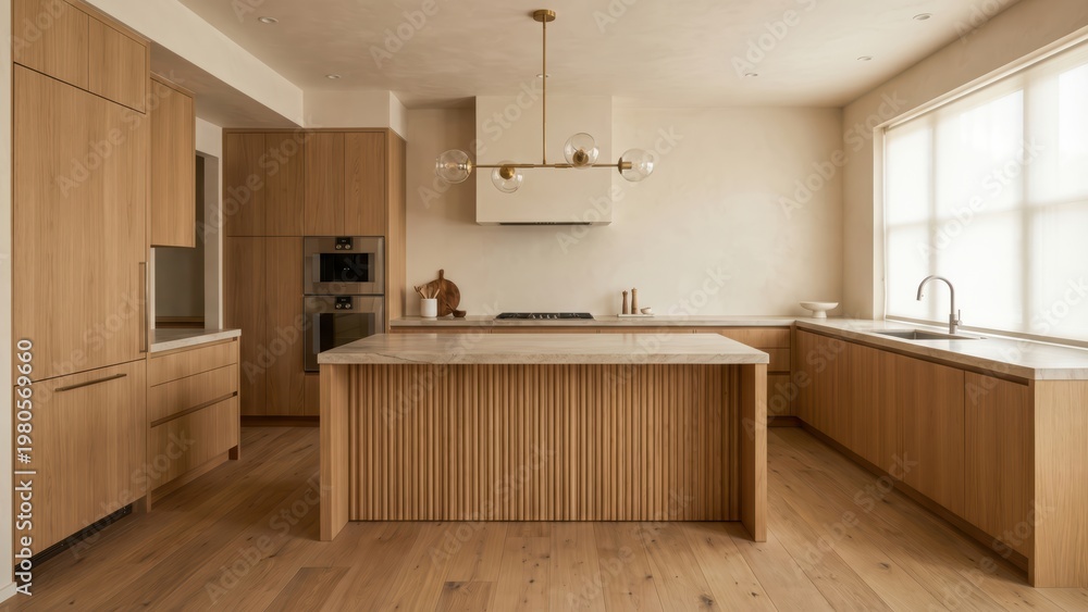 Fototapeta premium Stylish and Modern Kitchen Interior Design with Wooden Cabinets and Island Counter
