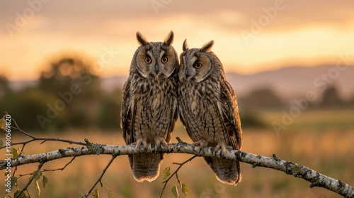 Two long eared owls perched together on a tree branch during golden hour