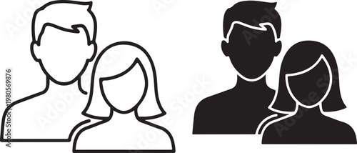 Black and white silhouette heads of two people facing each other in profile view