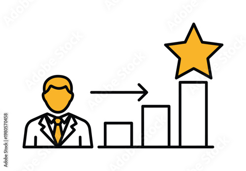 Vector featuring a professional man in a suit pointing to an ascending bar graph with a golden star on top