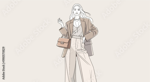 Elegant Fashion Illustration of a Woman in a Neutral-Toned Outfit with a Handbag