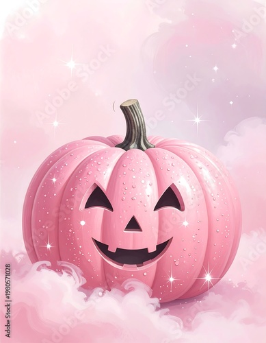 A pink pumpkin with a smiley face on a pastel background