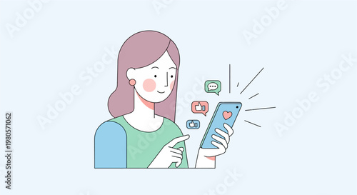 Joyful woman connecting through her smartphone, immersed in sending messages and receiving social media notifications, depicting modern digital communication and online engagement