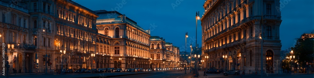 Fototapeta premium Grand city street bathed in twilight glow