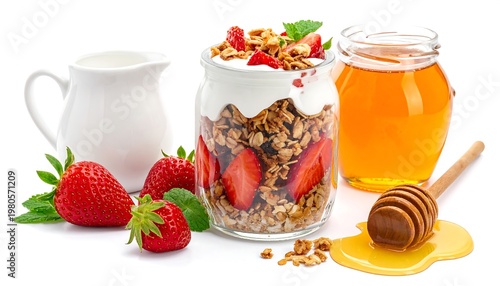 A nutritious breakfast spread with creamy yogurt parfait, fresh strawberries, honey, and milk, on a white background