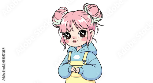 Cute Anime Girl with Pink Hair and Blue Eyes, Wearing Yellow Overalls with a Cloud Design, Smiling and Clasping Hands