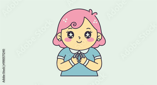 Cute anime girl with pink hair and blue shirt, big sparkling eyes, conveying innocence and joy