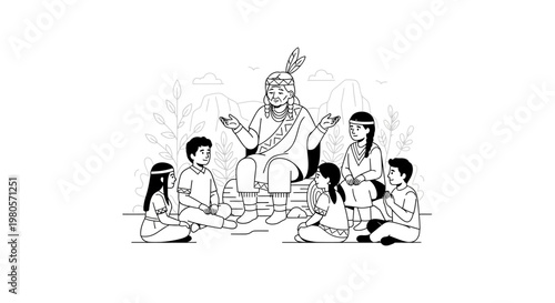 Indigenous elder sharing stories with group of attentive children.