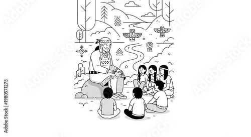 An elder Native American teaching indigenous children by storytelling.