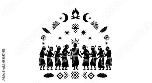 Tribal ritual scene with indigenous people performing a ceremony.