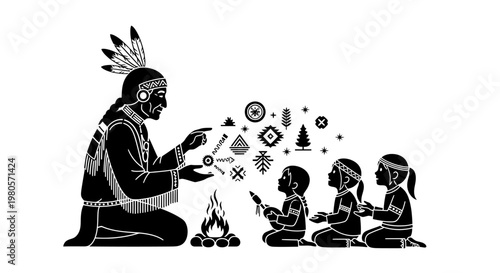 Native American Elder Sharing Traditional Stories with Children by Campfire.